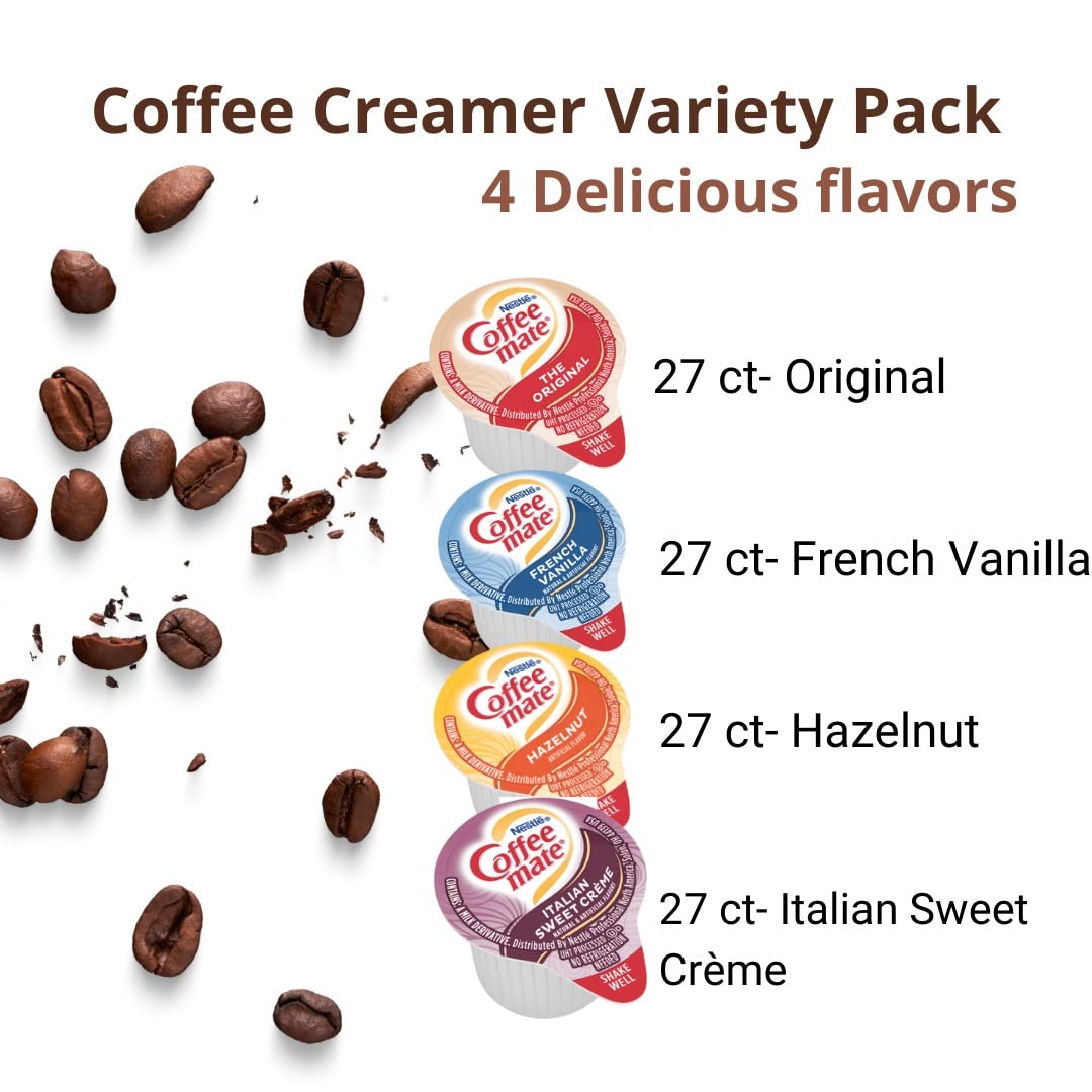 Coffee mate Liquid Creamer Singles Variety Pack, 108ct, 4 Flavors x 27 Each Original, French Vanilla, Hazenult and Italian Sweet Creme + BestBonus4U Coffee Stirrer Spoon