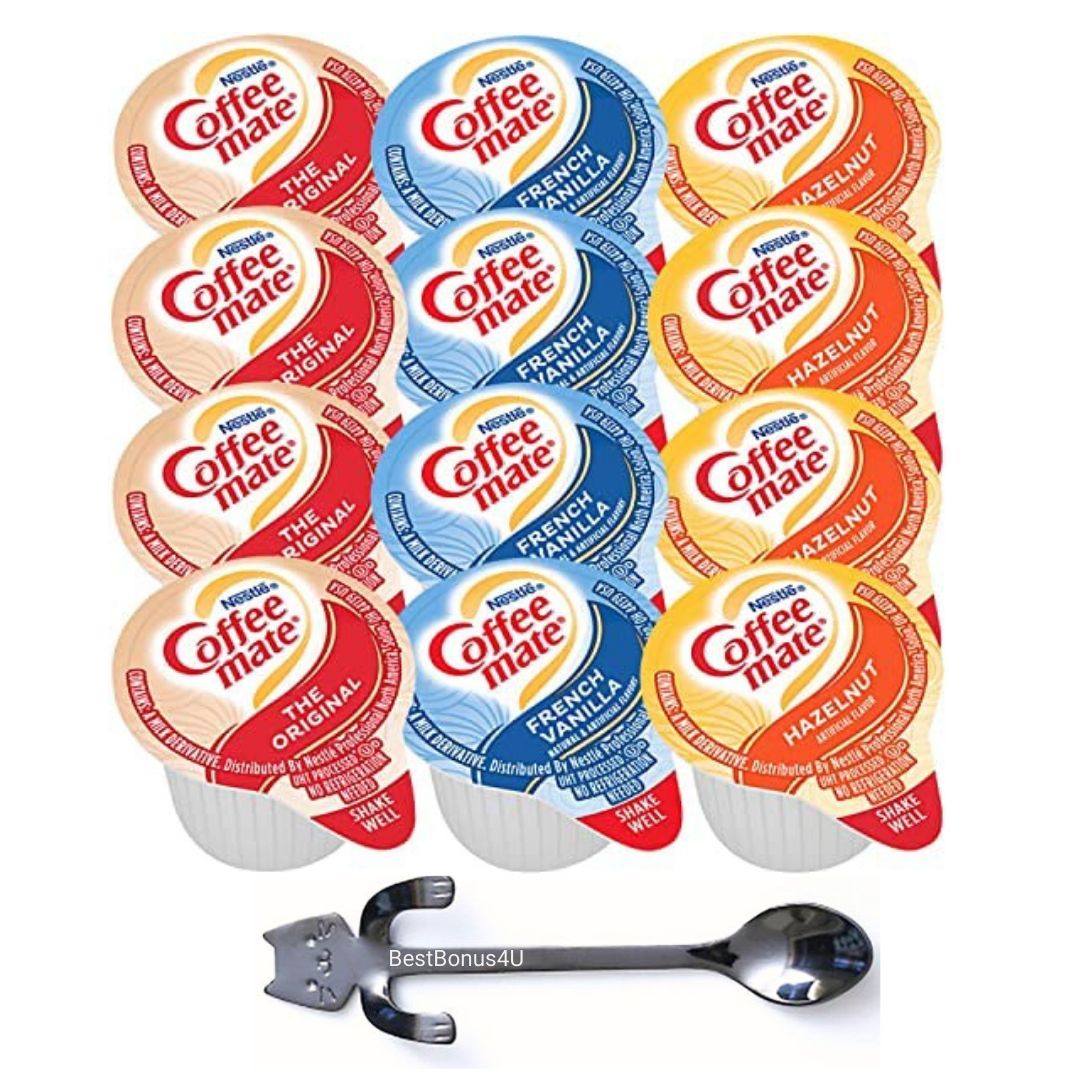 Coffee mate Liquid Creamer Singles Variety Pack, 108ct, 3 Flavors x 36 Each Original, French Vanilla, Hazenult + BestBonus4U Coffee Stirrer Spoon