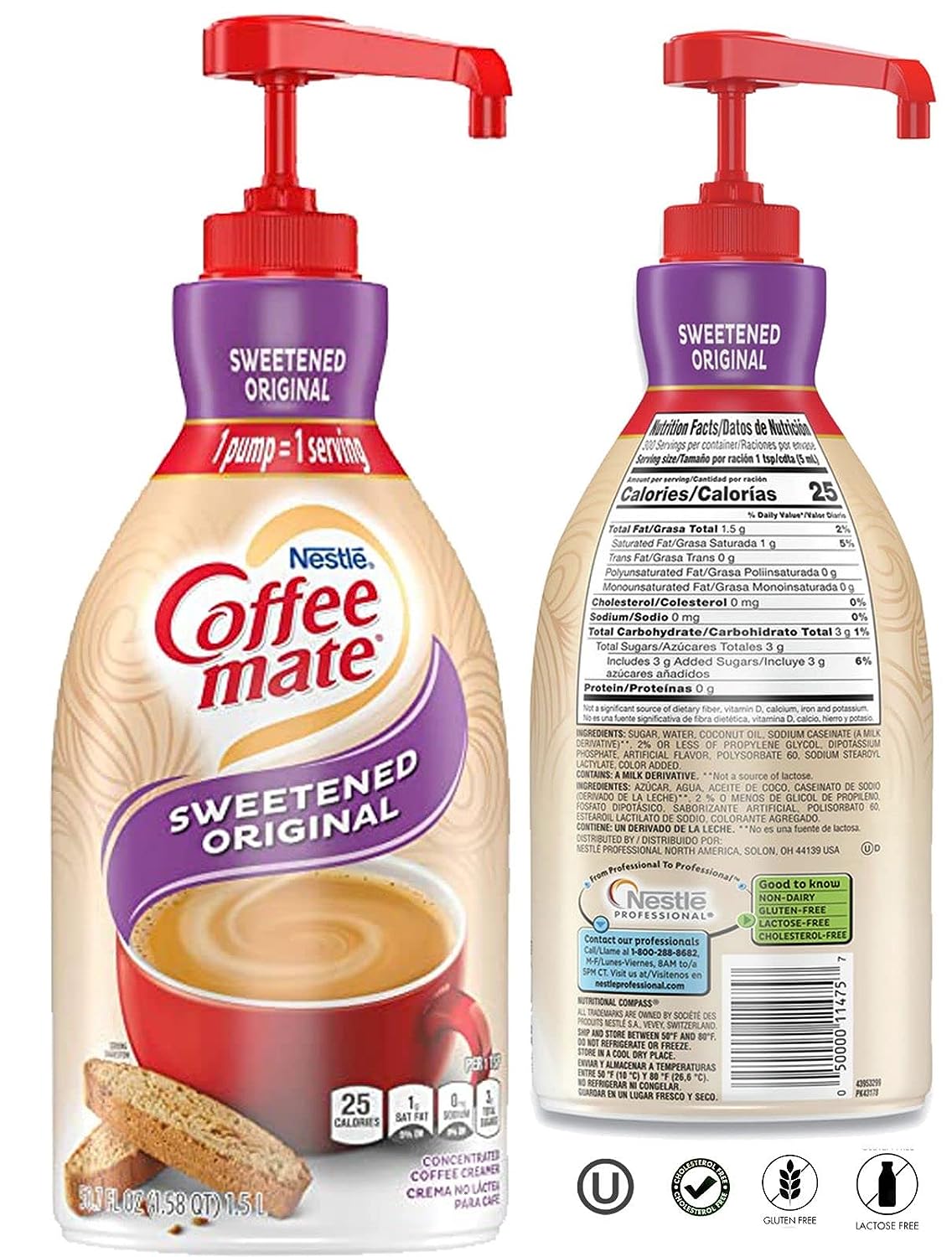 Coffee mate Creamer, Non Dairy, No Refrigeration, 50.7 Ounces, Sweetened Original Liquid Concentrate, 1.5 Liter Pump Bottle (Pack of 3) with BestBonus4u Complete Recipe E-Book of 20+ Delicious Coffee.