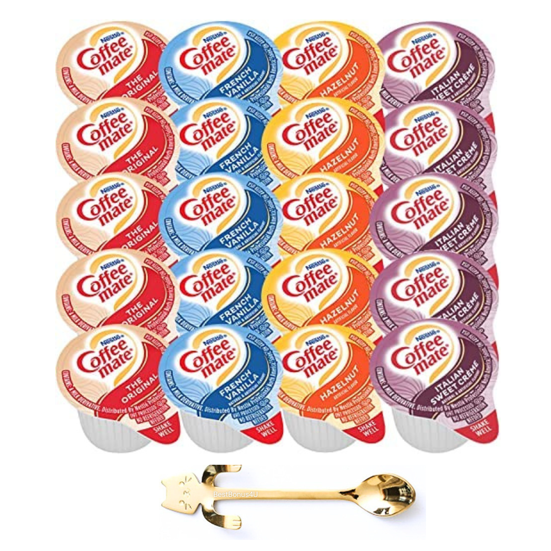 Coffee mate Liquid Creamer Singles Variety Pack, 108ct, 4 Flavors x 27 Each Original, French Vanilla, Hazenult and Italian Sweet Creme + BestBonus4U Coffee Stirrer Spoon