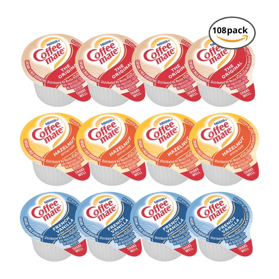 Coffee mate Liquid Creamer Singles Variety Pack, 108ct, 3 Flavors x 36 Each Original, French Vanilla, Hazenult + BestBonus4U Coffee Stirrer Spoon