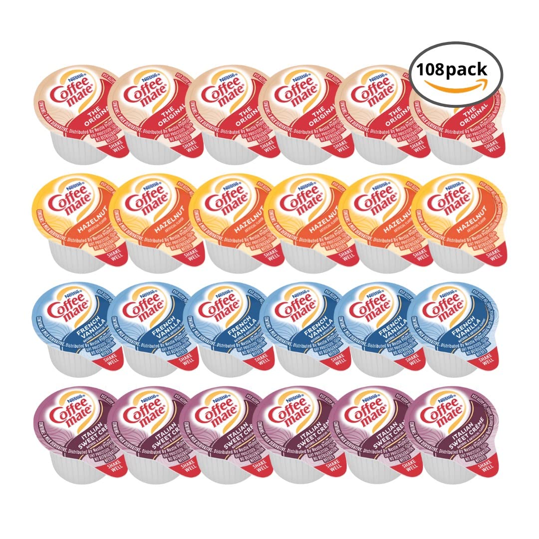 Coffee mate Liquid Creamer Singles Variety Pack, 108ct, 4 Flavors x 27 Each Original, French Vanilla, Hazenult and Italian Sweet Creme + BestBonus4U Coffee Stirrer Spoon