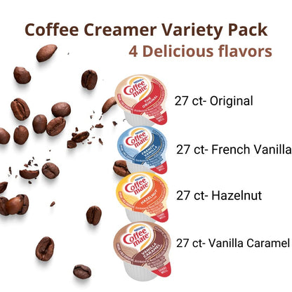 Coffee Liquid Creamer Singles Variety Pack, 108 ct, 4 Flavors x 27 Each, Original, French Vanilla, Hazelnut, Vanila Caramel + BestBonus4U Coffee Stirrer Spoon