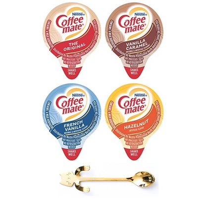 Coffee mate Liquid Creamer Singles Variety Pack, 100ct, 4 Flavors x 25 Each, Original, French Vanilla, Hazelnut and Vanilla Caramel + BestBonus4U Coffee Stirrer Spoon