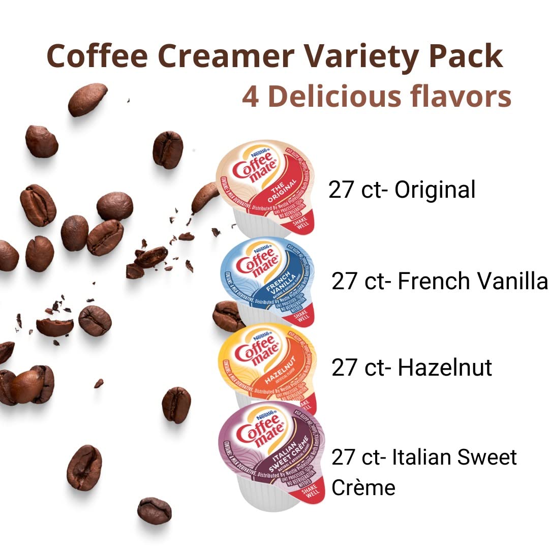 Coffee mate Liquid Creamer Singles Variety Pack, 108ct, 4 Flavors x 27 Each  Original, French Vanilla, Hazenult and Italian Sweet Creme + BestBonus4U Coffee Stirrer Spoon
