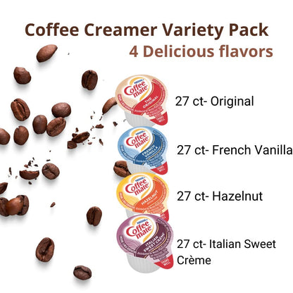 Coffee mate Liquid Creamer Singles Variety Pack, 108ct, 4 Flavors x 27 Each  Original, French Vanilla, Hazenult and Italian Sweet Creme + BestBonus4U Coffee Stirrer Spoon