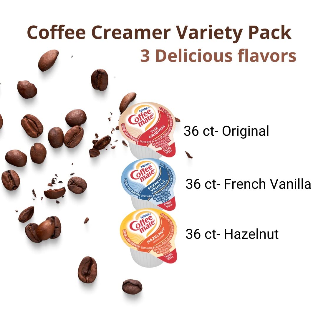 Coffee mate Liquid Creamer Singles Variety Pack, 108ct, 3 Flavors x 36 Each  Original, French Vanilla, Hazenult  + BestBonus4U Coffee Stirrer Spoon