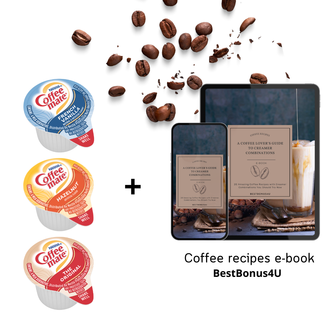 Coffee mate Liquid Creamer Singles Variety Pack, Original, French Vanilla, Hazelnut, 3 Flavors x 60 ct, 180/Box + BestBonus4U Coffee eBook