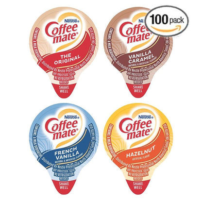 Coffee mate Liquid Creamer Singles Variety Pack, 100ct, 4 Flavors x 25 Each, Original, French Vanilla, Hazelnut and Vanilla Caramel + BestBonus4U Coffee Stirrer Spoon