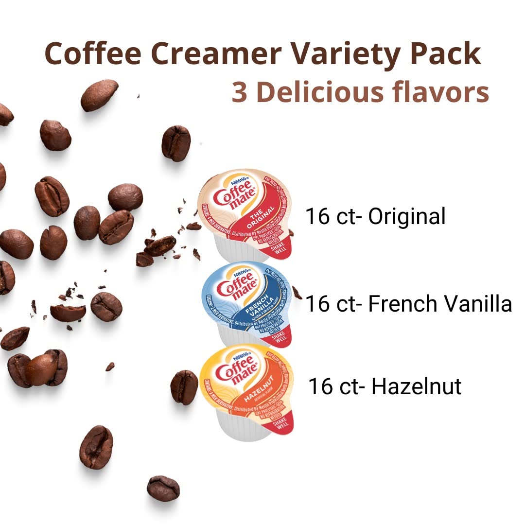 Coffee Mate Liquid Creamer Singles Variety Pack, 48 ct, 3 Flavors x 16 Each, Original, French Vanilla, Hazelnut + BestBonus4U Coffee Stirrer Spoon