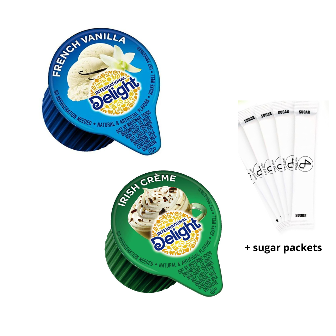 Coffee Creamer Singles Variety Pack (192ct) Includes Delight Creamer Singles French Vanilla and Irish Creme with BestBonus4U Coffee eBook + Stainless Steel Stirrer Spoon
