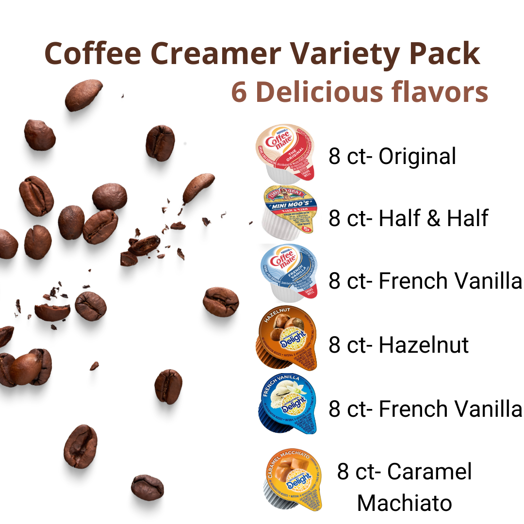 Coffee Liquid Creamer Variety Pack, Individual Creamers Singles, Original, French Vanilla, Hazelnut, Caramel Macchiato, Half & Half- 6 Flavors x 8 ct, 48 Count + BestBonus4U Coffee Stirrer Spoon