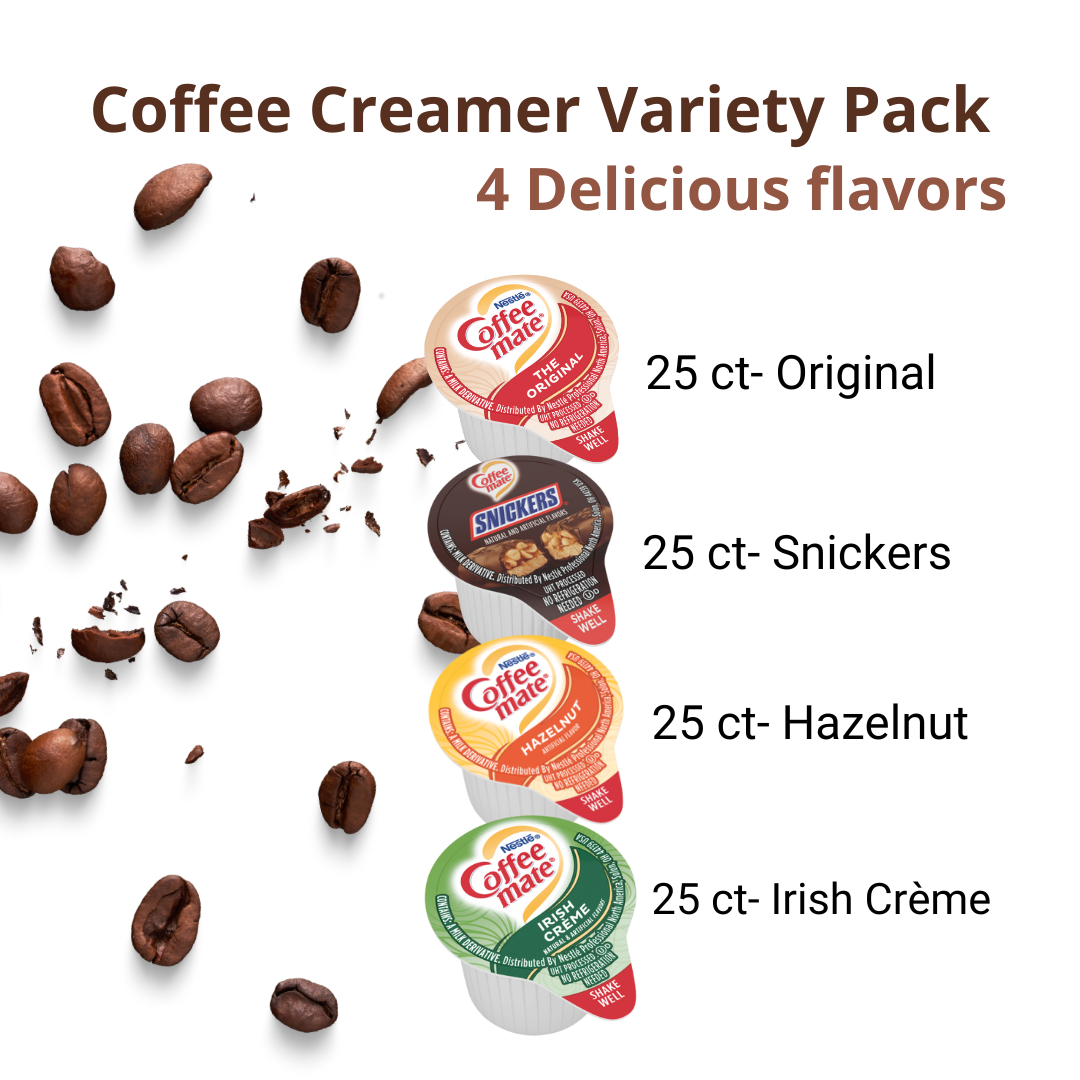 Coffee mate Liquid Creamer Singles Variety Pack, 100ct, 4 Flavors x 25 Each Irish Creme, Original, Snickers, Hazelnut + BestBonus4U Coffee Stirrer Spoon