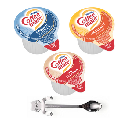 Coffee mate Liquid Creamer Singles Variety Pack, 180ct, 3 Flavors x 60 Each, Original, French Vanilla, Hazelnut + BestBonus4U Coffee Stirrer Spoon