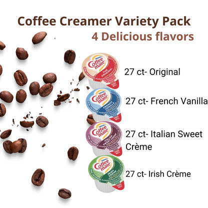 Coffee Mate Liquid Creamer Singles Variety Pack, 108 ct, 4 Flavors x 27 Each, Original, French Vanilla, Italian Sweet Creme and Irish Creme + BestBonus4U Coffee Stirrer Spoon