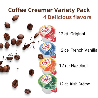 Coffee Mate Liquid Creamer Singles Variety Pack, 48 ct, 4 Flavors x 12 Each, Original, French Vanilla, Hazelnut, Irish Creme + BestBonus4U Coffee Stirrer Spoon