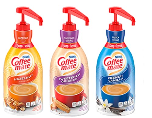 Coffee mate Creamer Liquid Concentrate 1.5 Liter Pump Bottles, 3 Flavors Sweetened Original, French Vanilla & Hazelnut (Pack of 3) with BestBonus4u Complete Recipe E-Book of 20+ Delicious Coffee
