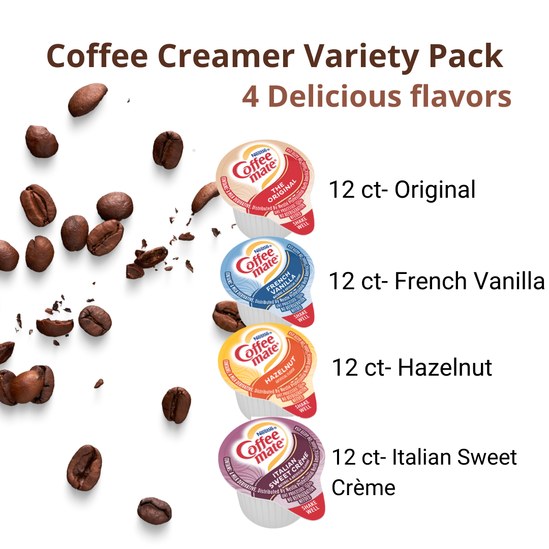 Coffee Mate Liquid Creamer Singles Variety Pack, 48 ct, 4 Flavors x 12 Each, Original, French Vanilla, Hazelnut, Italian Sweet Creme + BestBonus4U Coffee Stirrer Spoon